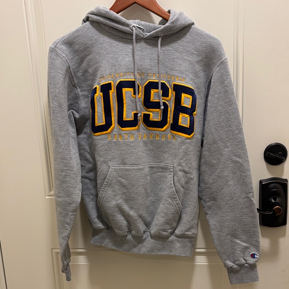 Champion UCSB Gray Hoodie with Navy and Gold Lettering